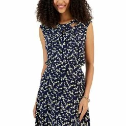 Discount 😍 Kasper Petite Floral-Print Twist-Neck Top Kasper Navy Multi 🌟