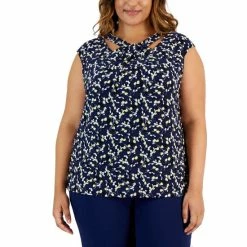 Outlet 😍 Kasper Plus Size Floral-Print Twist-Neck Blouse Kasper Navy Multi ❤️