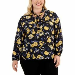 Best reviews of ❤️ Kasper Plus Size Floral-Print Tie-Neck Blouse, Created For Macy's Marigold/black Combo 😍