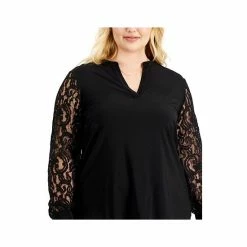 Budget 🎁 Kasper Plus Size Lace-Sleeve Split-Neck Top Black ⌛ -Cheap Kasper Store unnamed file 1074