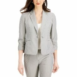 Buy 🎁 Kasper Petite Seersucker Ruched-Sleeve Jacket Grey/white 🛒