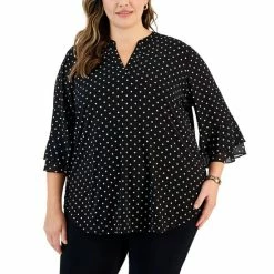 Hot Sale 🔥 Kasper Plus Size Dot-Print Flutter-Sleeve Blouse Black/vanilla Ice 🥰