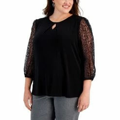Brand new 🤩 Kasper Plus Size Pleated-Neck Lace-Sleeve Top Black ✔️