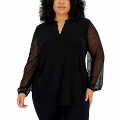Buy 👍 Kasper Plus Size Split-Neck Clip-Dot-Sleeve Tunic Black 👏