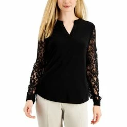 Best deal 💯 Kasper Petite Lace-Sleeve Top Black ⌛