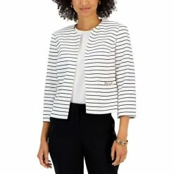 Brand new ❤️ Kasper Petite Collarless Striped Open-Front Jacket Vanilla Ice 🤩