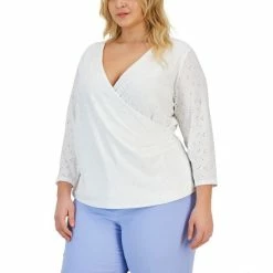 Best Pirce 🥰 Kasper Plus Size Faux-Wrap 3/4-Sleeve Eyelet Top Lily White 💯