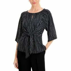 Promo 🔥 Kasper 👩 Women's Metallic-Threaded Tie-Front Elbow-Sleeve Top Black/silver 👍