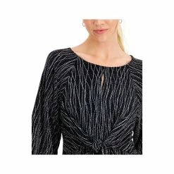 Promo 🔥 Kasper 👩 Women's Metallic-Threaded Tie-Front Elbow-Sleeve Top Black/silver 👍 -Cheap Kasper Store unnamed file 1241