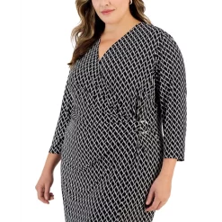 Outlet ✨ Kasper Plus Size Printed Long-Sleeve Sheath 👗 Dress Gold / Royal Blue Combo 🔥