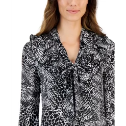 Buy 🔔 Kasper 👩 Women's Printed Tie V-Neck Ruffled Long-Sleeve Top Vanilla Ice/black ⌛ -Cheap Kasper Store unnamed file 257
