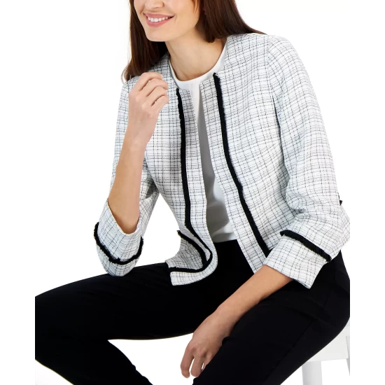 Best Sale ๐ Kasper ๐ฉ Women's Collarless Fringe-Trim Open-Front Blazer Vanilla Ice/black ๐ 6 Best Sale ๐ Kasper ๐ฉ Women's Collarless Fringe-Trim Open-Front Blazer Vanilla Ice/black ๐ - Image 4
