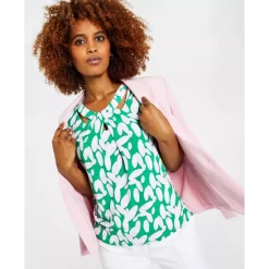 Best Pirce ⌛ Kasper 👩 Women's Printed Twist-Neck Blouse Green/pink Combo 🤩 -Cheap Kasper Store unnamed file 268