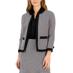 Budget 😉 Kasper 👩 Women's One-Button Rolled Sleeve Jacket, Printed Ruffle Sleeve Blouse, & Pull-On A-Line 👗 Skirt Pale Yellow 🥰