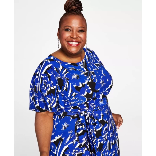 Cheapest ๐ Kasper Plus Size Florinda Flutter-Sleeve Belted ๐ Dress Crimson / Cream Combo ๐ 8 Cheapest ๐ Kasper Plus Size Florinda Flutter-Sleeve Belted ๐ Dress Crimson / Cream Combo ๐ - Image 6