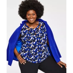 Best Pirce 🎉 Kasper Plus Size Printed Twist-Neck Top Royal Blue/gold Combo 🌟 -Cheap Kasper Store unnamed file 318