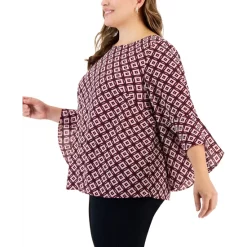 Best Pirce 😀 Kasper Plus Size Printed Flared 3/4-Sleeve Blouse Fire Red Multi 😉 -Cheap Kasper Store unnamed file 331