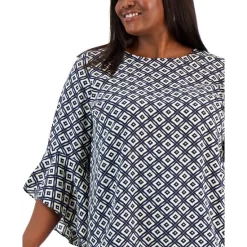 Best Pirce 😀 Kasper Plus Size Printed Flared 3/4-Sleeve Blouse Fire Red Multi 😉 -Cheap Kasper Store unnamed file 332