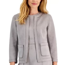 Discount 🔔 Kasper Petite Faux-Suede Framed Patch-Pocket Jacket Pebble 👍 -Cheap Kasper Store unnamed file 361