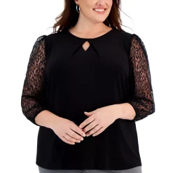 Brand new 🤩 Kasper Plus Size Pleated-Neck Lace-Sleeve Top Black ✔️ -Cheap Kasper Store unnamed file 395