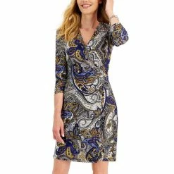 Outlet 🔔 Kasper 👩 Women's Faux-Wrap 👗 Dress Royal Blue/marigold Combo 🌟 -Cheap Kasper Store unnamed file 481