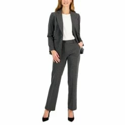 Discount ⌛ Kasper 👩 Women's One-Button Jacket & Pull-On Faux-Fly Pants Dark Heather Grey ⌛
