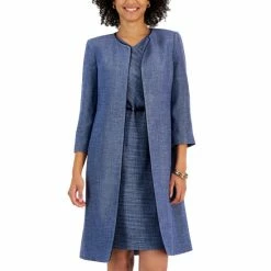 Budget 🎉 Kasper Petite Collarless 3/4-Sleeve Tweed Topper Jacket California Sky/ Black 🎉