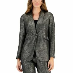 Deals ⌛ Kasper 👩 Women's Metallic Shimmer Jacquard Shawl-Collar Jacket Black/gold 🛒