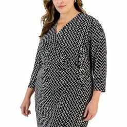 Outlet 🔔 Kasper Plus Size Printed 3/4-Sleeve Faux-Wrap 👗 Dress Black / Vanilla Ice ⌛ -Cheap Kasper Store unnamed file 576