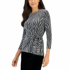Top 10 😀 Kasper 👩 Women's Printed Tie-Front 3/4-Sleeve Top Black/silver ✨