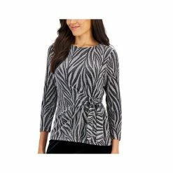 Top 10 😀 Kasper 👩 Women's Printed Tie-Front 3/4-Sleeve Top Black/silver ✨ -Cheap Kasper Store unnamed file 601