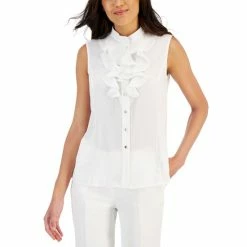 Cheap ⌛ Kasper 👩 Women's Petite Sleeveless Button-Front Ruffle Top Lily White 🥰
