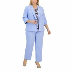Deals 🔔 Kasper Plus Size Stretch Crepe Jacket, Cowlneck Top & Elastic-Back Pants California Sky 💯