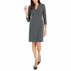 Deals ❤️ Kasper Petite 3/4-Sleeve Printed Faux-Wrap 👗 Dress Black / Vanilla Ice 🤩