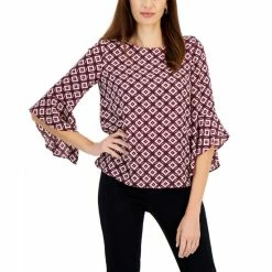 Buy 🥰 Kasper 👩 Women's Ruffled 3/4-Sleeve Printed Top Fire Red Multi 💯