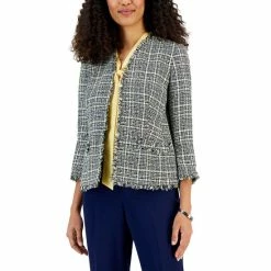 Brand new ✨ Kasper Petite Tweed Fringed Open-Front Jacket Pale Yellow Multi 👍