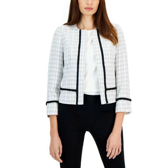 Best Sale ๐ Kasper ๐ฉ Women's Collarless Fringe-Trim Open-Front Blazer Vanilla Ice/black ๐ 3 Best Sale ๐ Kasper ๐ฉ Women's Collarless Fringe-Trim Open-Front Blazer Vanilla Ice/black ๐