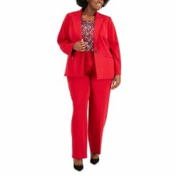Brand new 😉 Kasper Plus Size Notched Collar Jacket, Geo-Print Cowlneck Top & Pull-On Pants Fire Red Combo ⭐