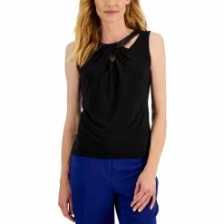 Promo 🔥 Kasper 👩 Women's Faux-Leather-Trim Twisted Top Black 👏