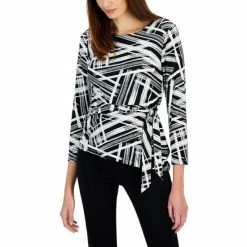 Discount ✨ Kasper 👩 Women's Printed 3/4-Sleeve Tie-Waist Top Black/vanilla Ice ⭐