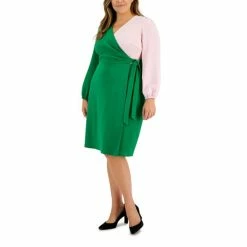 Wholesale ⌛ Kasper Plus Size Colorblocked Surplice Side-Tie 👗 Dress Apple Green / Salmon Pink 👍