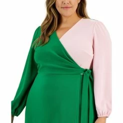 Wholesale ⌛ Kasper Plus Size Colorblocked Surplice Side-Tie 👗 Dress Apple Green / Salmon Pink 👍 -Cheap Kasper Store unnamed file 764