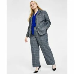 Best Pirce ⭐ Kasper Plus Size Glen Plaid Two-Button Blazer, Bow-Neck Top & Pull-On Pants Royal Blue Combo 🔥