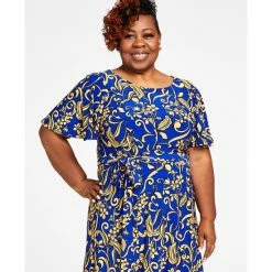 Discount 👏 Kasper Plus Size Florinda Flutter-Sleeve Belted 👗 Dress Gold / Royal Blue Comb 🔔 -Cheap Kasper Store unnamed file 792