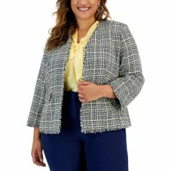 Promo 👍 Kasper Plus Size Tweed Fringe-Trim Open-Front Blazer Pale Yellow Multi ⌛