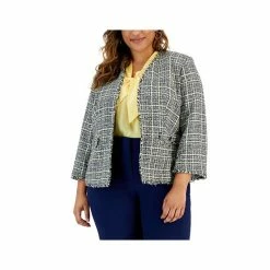 Promo 👍 Kasper Plus Size Tweed Fringe-Trim Open-Front Blazer Pale Yellow Multi ⌛ -Cheap Kasper Store unnamed file 802