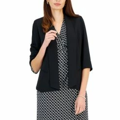 Discount 😀 Kasper 👩 Women's Shawl-Collar Open-Front Cuffed-Sleeve Blazer Black 🎉