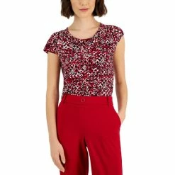 Promo ⭐ Kasper Petite Printed Cowl-Neck Cap-Sleeve Pullover Top Fire Red Combo 🔔