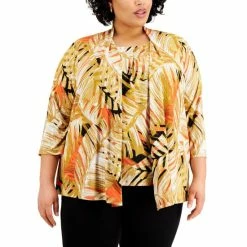 Best reviews of 😀 Kasper Plus Size Tropical-Print 3/4-Sleeve Open-Front Cardigan Sweater Butterscotch Multi 👏