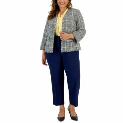 Brand new 👍 Kasper Plus Size Tie-Neck Top, Tweed Blazer & Straight-Leg Pants Pale Yellow Multi 💯